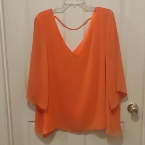 NWOT Women's Bisou Bisou Orange Sheer Lined Blouse 3/4 Sheer Sleeve 3X V-Neck - Picture 7 of 7
